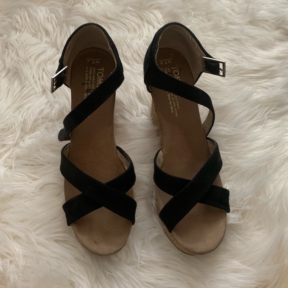 TOMS Black Canvas Strappy Wedge